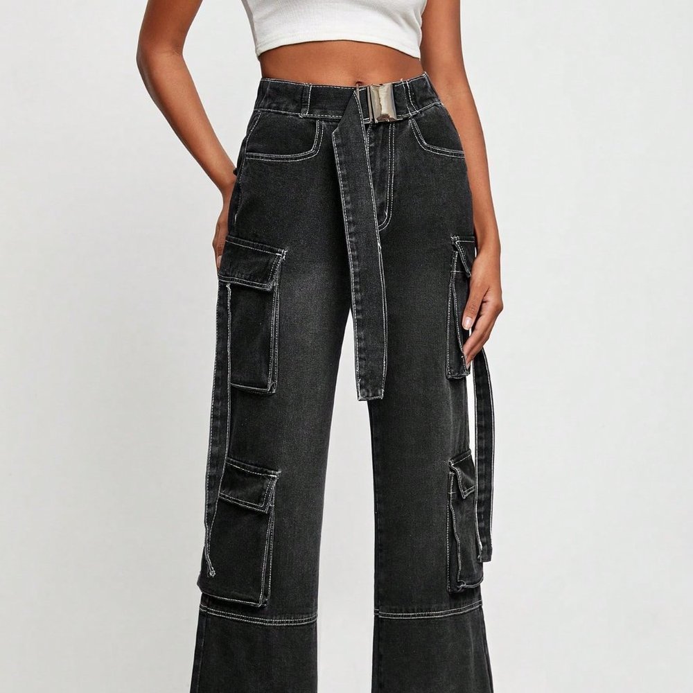 Black Casual Womens Flap Pocket Belted Cargo Jeans - Picture 3 of 5